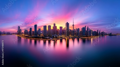 City Skyline at Sunset with Pink and Blue Sky Reflection in Water