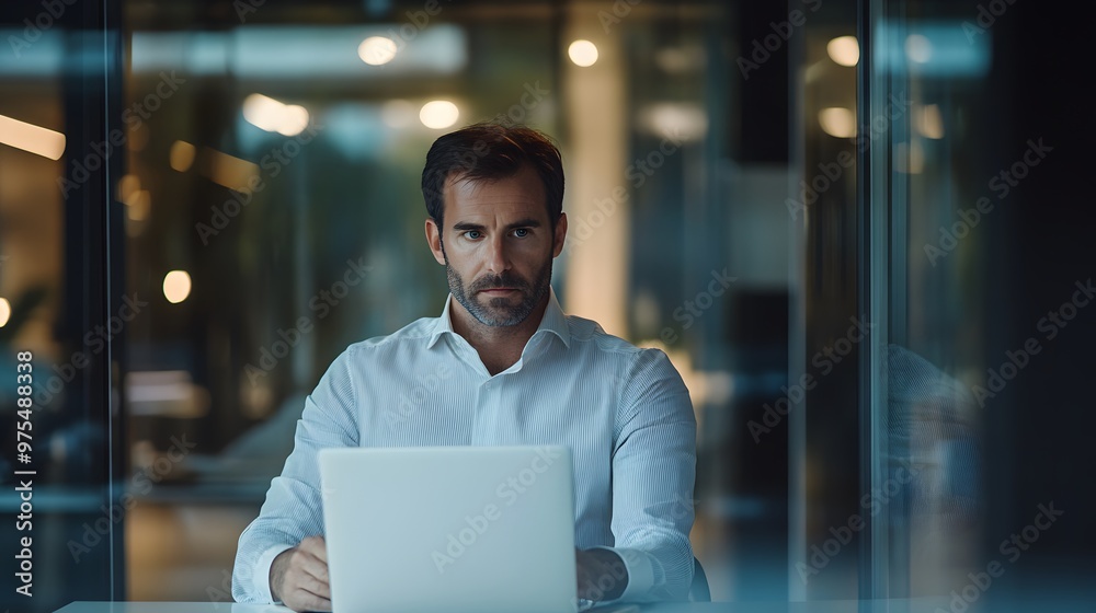 Fototapeta premium A Man in a White Shirt Working on His Laptop in an Office Setting