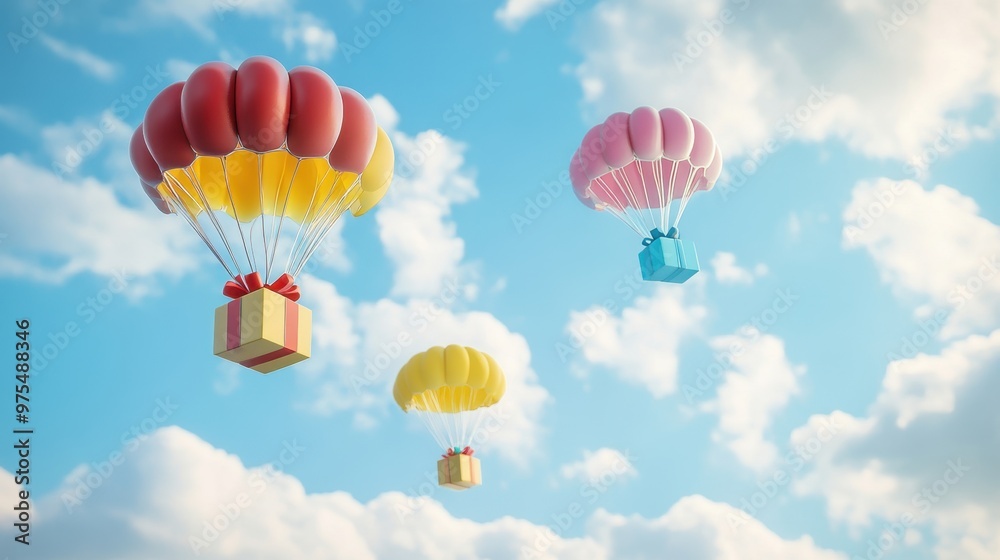 Naklejka premium A Box flying on a parachute with pink cloud,vector illustration of package flying down from sky and cloud with parachute, concept for delivery service,shopping online,air delivery service.