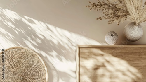 Minimalist wooden table with a woven basket, a vase with dried flowers, a white ball and natural light.