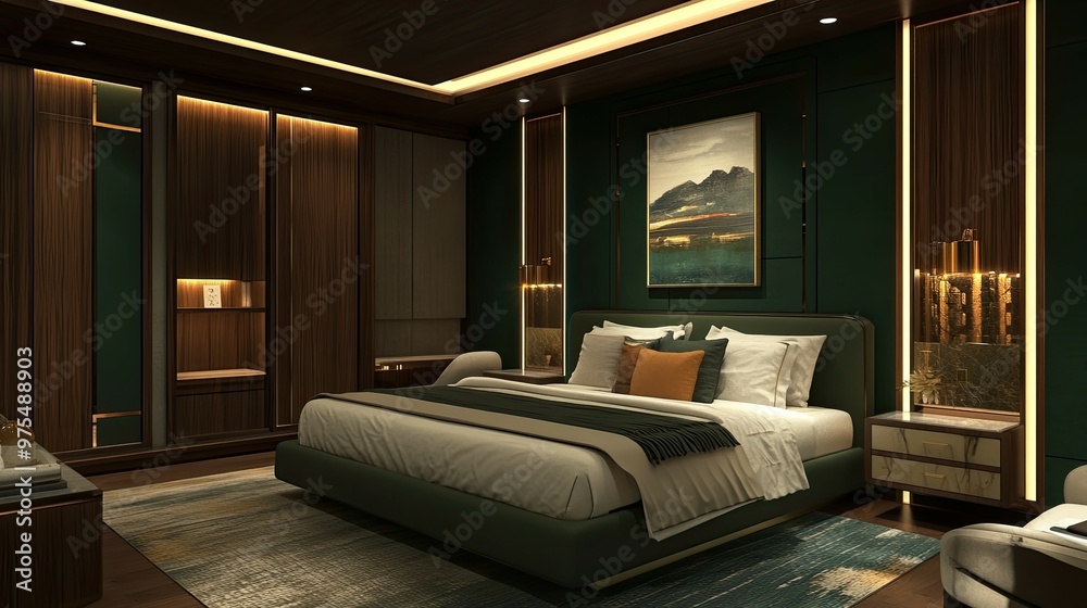 Modern bedroom interior with a king size bed, green walls, wooden closet, nightstands, and a painting on the wall. Modern bedroom interior with a king size bed, green walls, wooden closet, nightstands, and a painting on the wall.