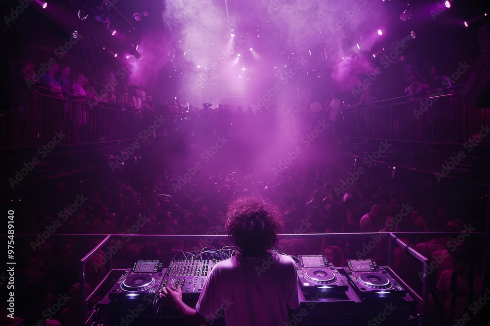 DJ Performing at a Vibrant Club with Energetic Crowd and Colorful Stage Lights DJ Performing at a Vibrant Club with Energetic Crowd and Colorful Stage Lights