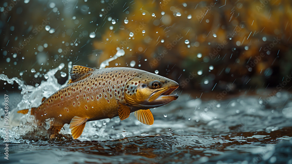 Brown trout fish jumping upstream, splashing water in a river, surrounded by a beautiful natural background Brown trout fish jumping upstream, splashing water in a river, surrounded by a beautiful natural background