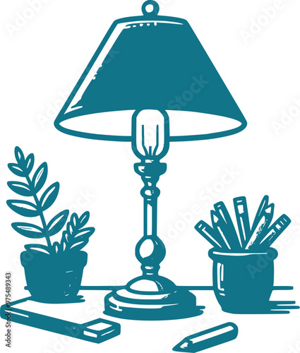 Blue flat table lamp with pen vector illustrations on white background