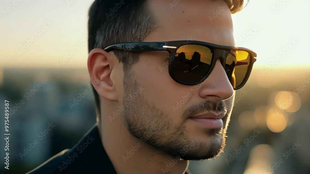 seriously man in sunglasses outdoor at dawn. Generative Ai seriously man in sunglasses outdoor at dawn. Generative Ai