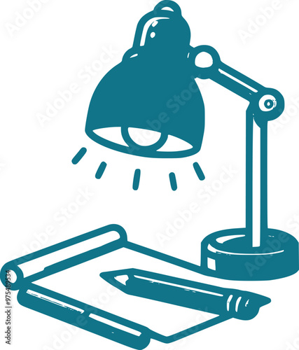 Blue flat table lamp with pen vector illustrations on white background