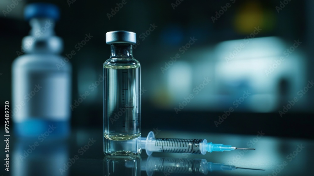 Close-up of a transparent medicine vial and syringe on a medical table, containing glucagon hormone for emergency treatment of severe hypoglycemia episodes. Close-up of a transparent medicine vial and syringe on a medical table, containing glucagon hormone for emergency treatment of severe hypoglycemia episodes.