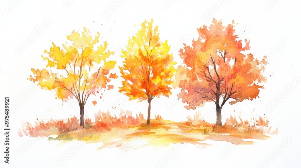 Watercolor hand drawn of autumn trees,red maple tree on white background,hand drawn watercolor vector illustration,Autumn forest path,red orange foliage in fall forest. Watercolor hand drawn of autumn trees,red maple tree on white background,hand drawn watercolor vector illustration,Autumn forest path,red orange foliage in fall forest.