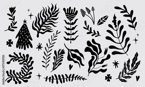 Leaf plant botanical nature exotic silhouette tropical collection vector clip art element set bundle boho matisse print art pattern editable