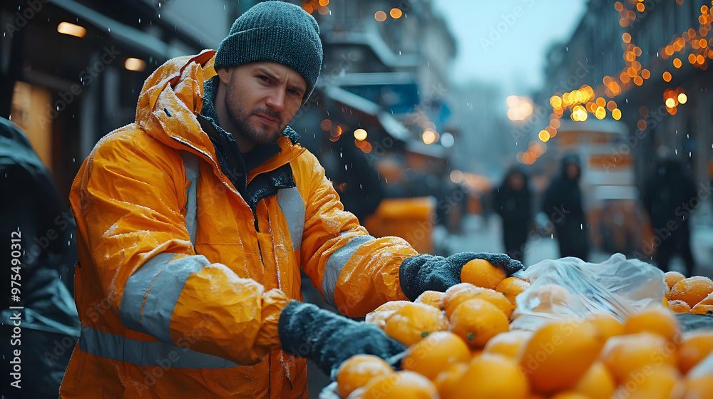 Man in Orange Jacket Selling Oranges in the Snow - Realistic Photo Man in Orange Jacket Selling Oranges in the Snow - Realistic Photo