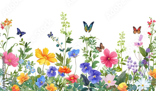 Fototapeta Naklejka Na Ścianę i Meble -  PNG Beautiful floral border butterflies butterfly flowers.