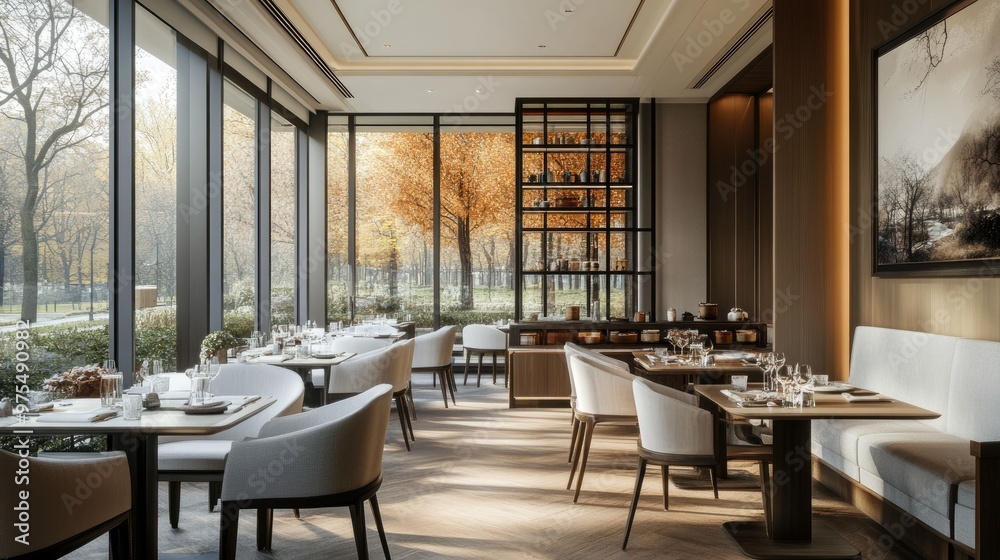Modern dining room with large windows overlooking a park with autumn foliage. Modern dining room with large windows overlooking a park with autumn foliage.