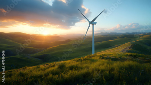 Wind Turbine on Hilltop at Sunset Realistic Image