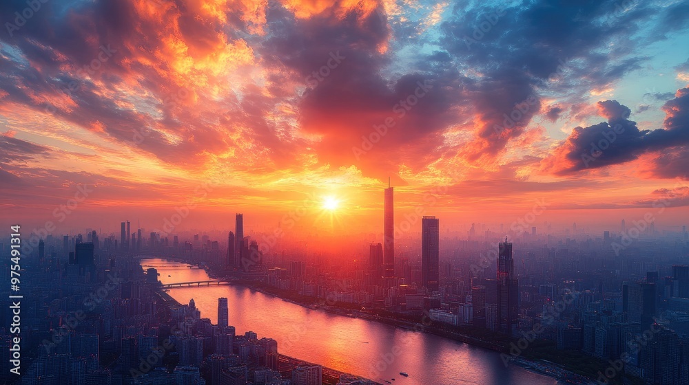 Naklejka premium Breathtaking Urban Cityscape Skyline Captured During Golden Hour for Stunning Visual Aesthetics and Urban Design Inspiration