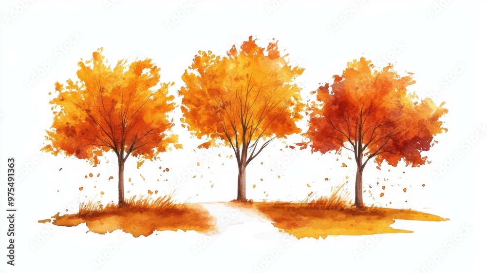 Watercolor hand drawn of autumn trees,red maple tree on white background,hand drawn watercolor vector illustration,Autumn forest path,red orange foliage in fall forest. Watercolor hand drawn of autumn trees,red maple tree on white background,hand drawn watercolor vector illustration,Autumn forest path,red orange foliage in fall forest.