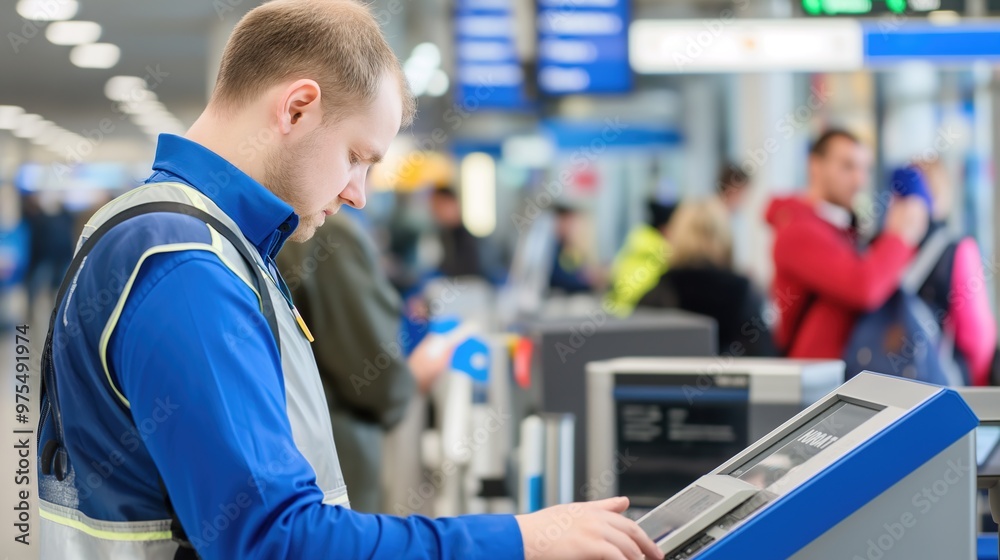 Border control officer scanning passport with electronic reader at ...