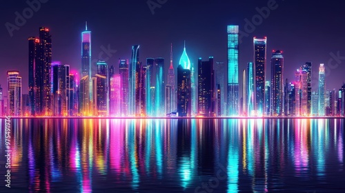 Vibrant cityscape at night, with colorful lights reflecting off the water and modern skyscrapers creating a lively urban atmosphere