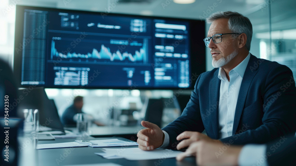 Show a business executive in a modern boardroom discussing data from a large digital screen displaying charts and graphs, emphasizing leadership, strategy, and decision-making. Show a business executive in a modern boardroom discussing data from a large digital screen displaying charts and graphs, emphasizing leadership, strategy, and decision-making.