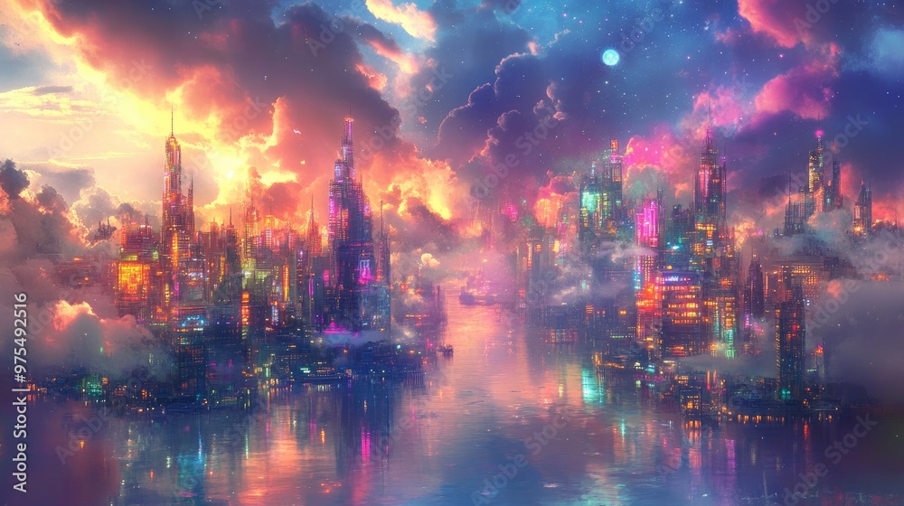 Fototapeta premium Beautiful glowing city from a dream with vibrant floating buildings, shimmering waters, and a surreal sky filled with colorful clouds