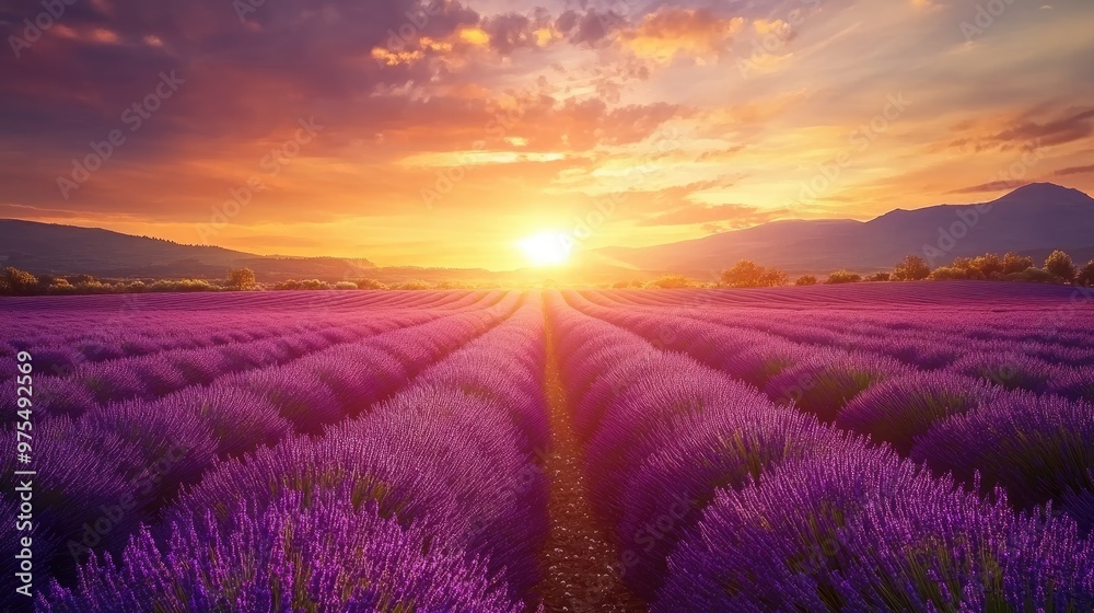 Beautiful lavender fields stretching to the horizon, with a vibrant sunset casting a golden glow over the landscape Beautiful lavender fields stretching to the horizon, with a vibrant sunset casting a golden glow over the landscape