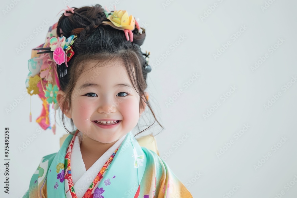 A cute Japanese girl wearing a high-contrast colorful kimono and a random hairstyle poses against a white background. A cute Japanese girl wearing a high-contrast colorful kimono and a random hairstyle poses against a white background.