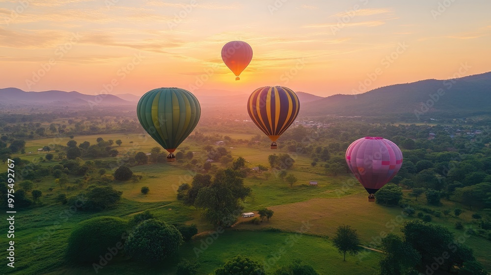 Obraz premium Colorful hot air balloons floating over a lush green valley at sunrise, creating a magical and vibrant travel experience