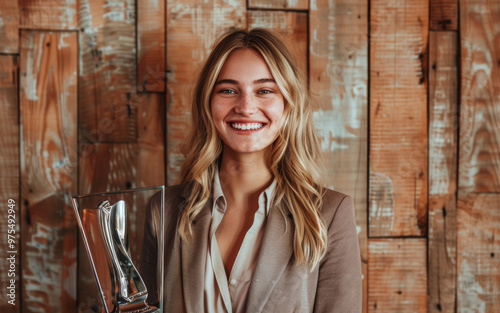 A smiling young woman in a professional suit holds a trophy, her eyes shining with pride. The image captures the essence of victory and the rewards of dedication in the office environment