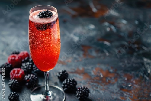 Blackberry Mimosa with blackberry juice and champagne, served in a stylish glass, dark and moody background, copy space