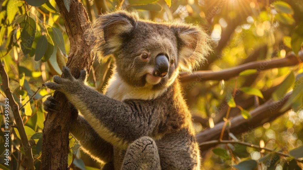 a koala in a tree, with its soft fur illuminated by the setting sun. Ideal for eco-tourism promotions and educational exhibits about Australian wildlife. a koala in a tree, with its soft fur illuminated by the setting sun. Ideal for eco-tourism promotions and educational exhibits about Australian wildlife.