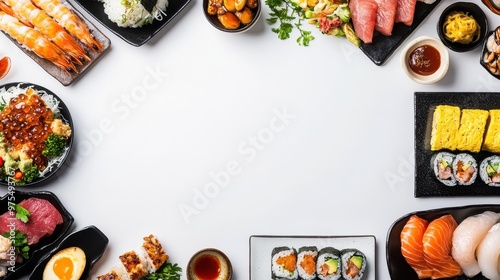 various types of japanese cuisine dishes lie on the table forming a free space for the design of decorative frames, cards, backgrounds, banners and posters