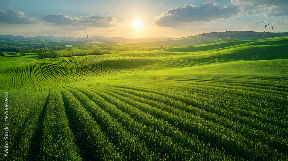 Green Fields with Sunset and Wind Turbines - Photo Green Fields with Sunset and Wind Turbines - Photo