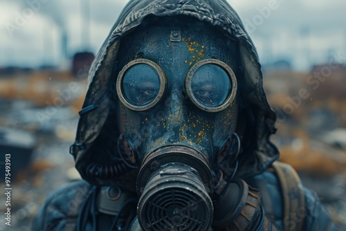 A person in a gas mask standing in a desolate industrial area under an overcast sky, depicting an apocalyptic atmosphere