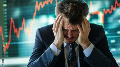 Downcast businessman with head in hands, expression etched in dejection as the weight of his troubles overwhelms him. Financial graph in background. Copy space photo