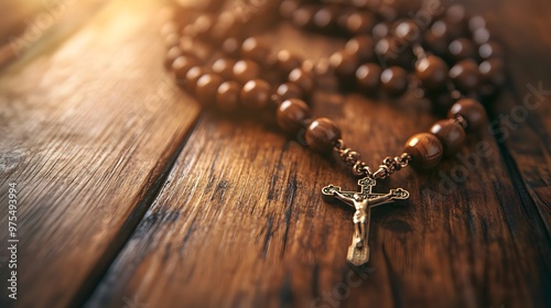  rosary beads resting on an antique wooden table, Generative AI