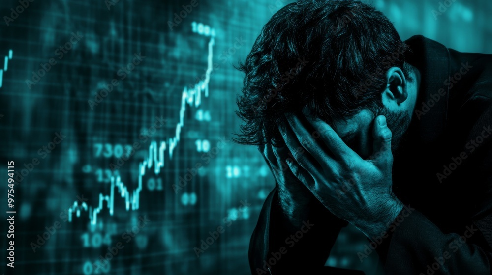 Downcast businessman with head in hands, expression etched in dejection as the weight of his troubles overwhelms him. Financial graph in background. Copy space Downcast businessman with head in hands, expression etched in dejection as the weight of his troubles overwhelms him. Financial graph in background. Copy space