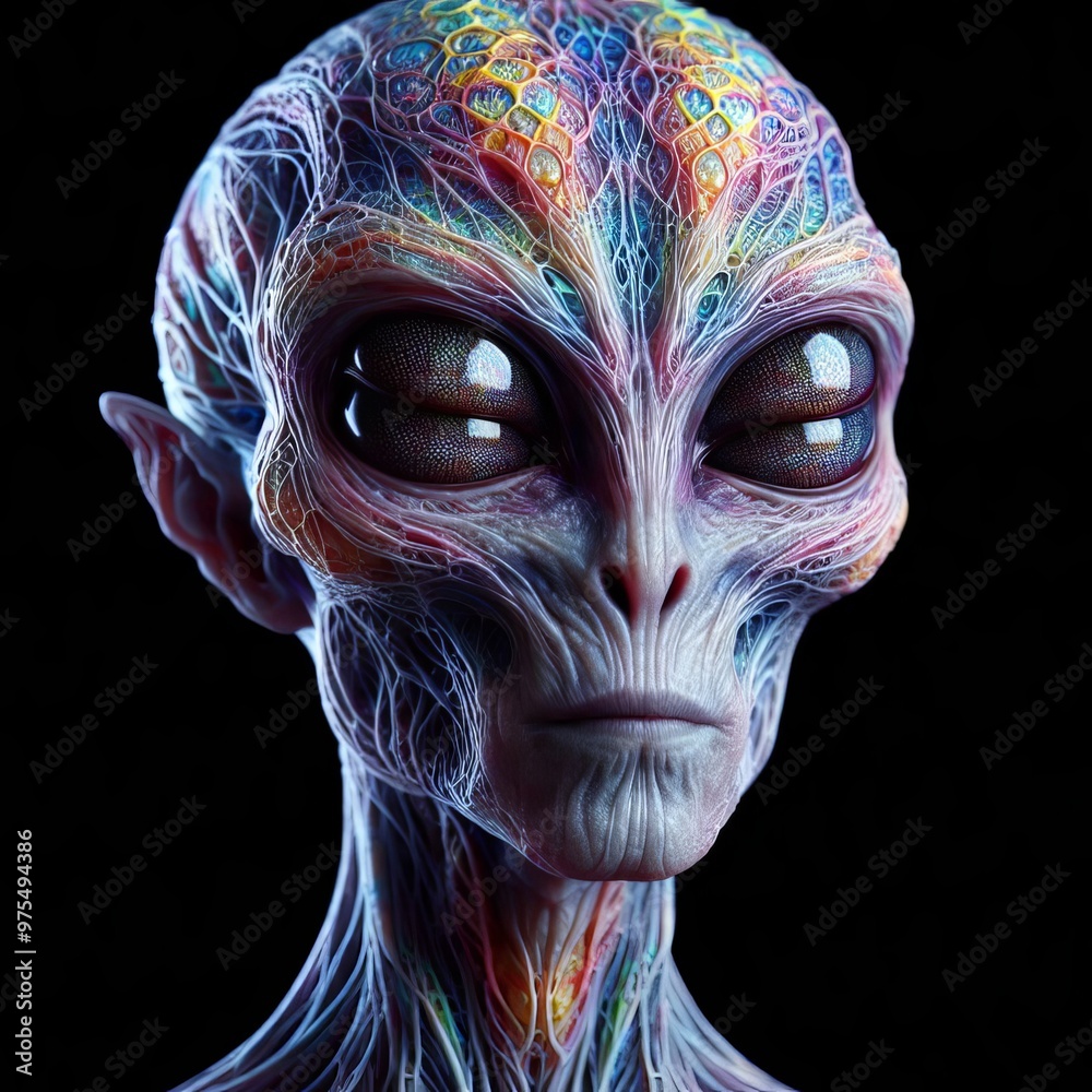 A highly detailed and futuristic portrait of an alien being, featuring complex patterns, large reflective eyes, and a strikingly intricate design. The alien's appearance combines elements of the A highly detailed and futuristic portrait of an alien being, featuring complex patterns, large reflective eyes, and a strikingly intricate design. The alien's appearance combines elements of the