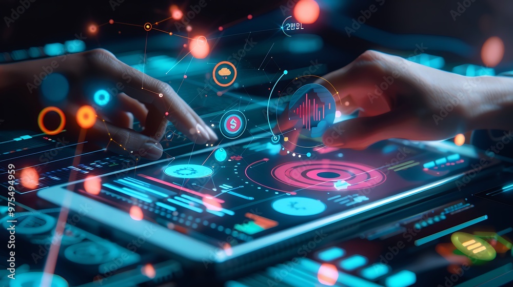 Fototapeta premium Person interacting with a touchscreen device displaying a virtual target symbol and diverse business icons showcasing digital strategies and goal setting in a professional business setting