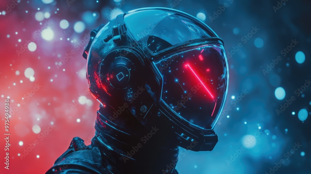 A futuristic astronaut wearing a helmet with a red light inside, against a blue and red background. A futuristic astronaut wearing a helmet with a red light inside, against a blue and red background.