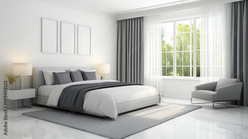 The stylish modern bedroom features a spacious layout with soft bedding, elegant curtains, and ample natural light streaming in from large windows