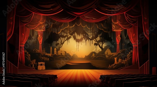 A spotlight on an old vaudeville stage, casting dramatic shadows in this nostalgic illustration