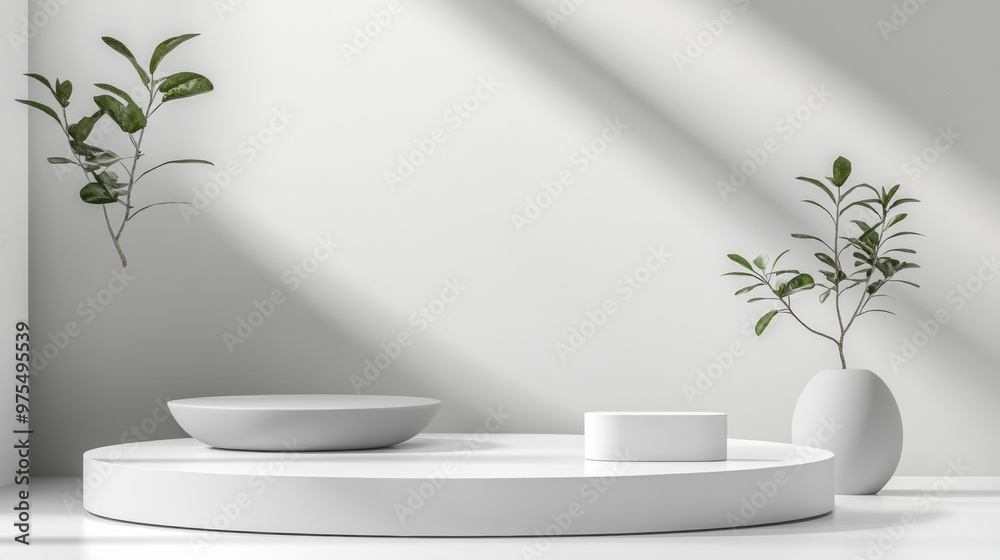 A white and gray podium set with rounded edges, perfect for showcasing cosmetics or other products. The simple design is ideal for displaying items on a minimal background.