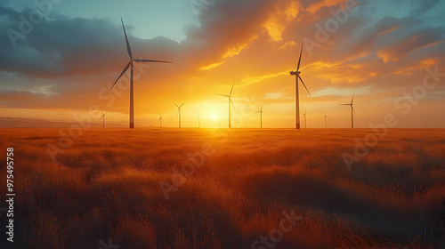 Sunset Wind Turbines Landscape Photo