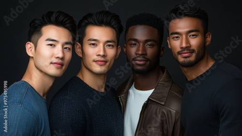 stockphoto, multiracial male photomodels. Asian, caucasian, black or hispanic male models. Diversity theme. Ethnic different photo models posing for a studio photo shoot.