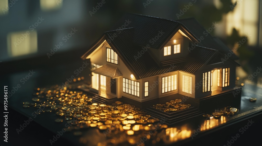 Illuminated house model on a bed of gold coins. Illuminated house model on a bed of gold coins.