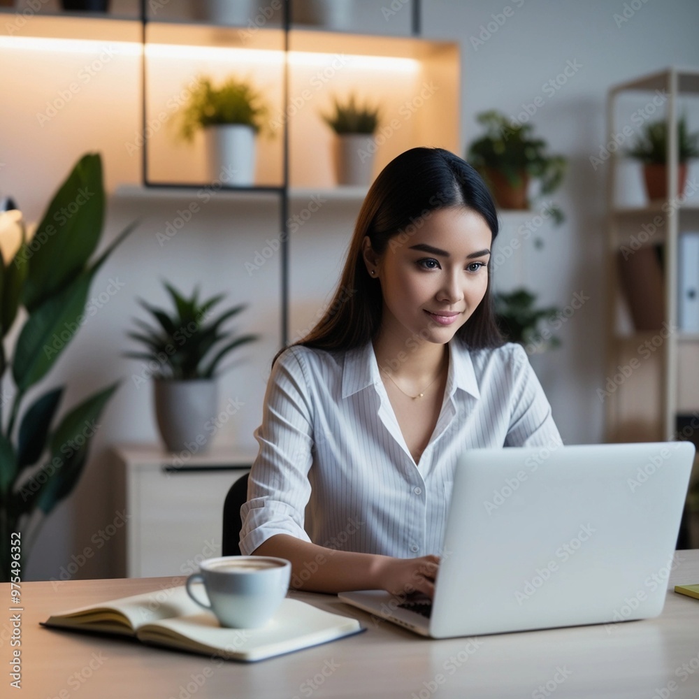 A woman sits at a desk with a laptop and smiling A woman sits at a desk with a laptop and smiling