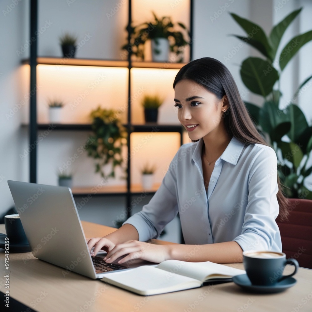 A woman sits at a desk with a laptop and smiling A woman sits at a desk with a laptop and smiling