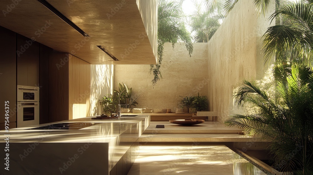 Fototapeta premium Modern kitchen with large windows overlooking a lush courtyard with plants and sunlight.