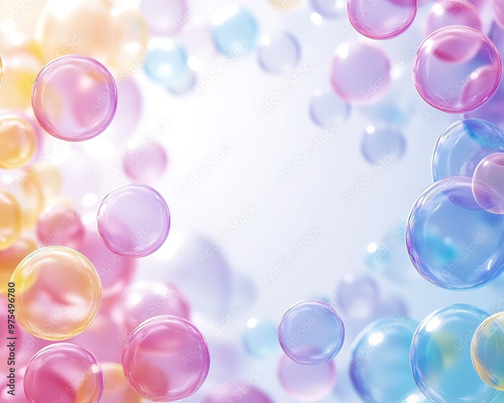 Fun, bubbly background featuring multi-colored bubbles of various sizes floating, with a blank central area for text insertion Fun, bubbly background featuring multi-colored bubbles of various sizes floating, with a blank central area for text insertion