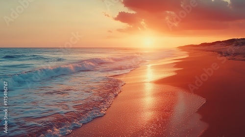 A serene beach scene at sunset, featuring gentle waves and a vibrant sky. Perfect for travel and relaxation themes. photo