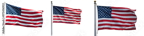 USA flag flying set isolated on white and transparent background